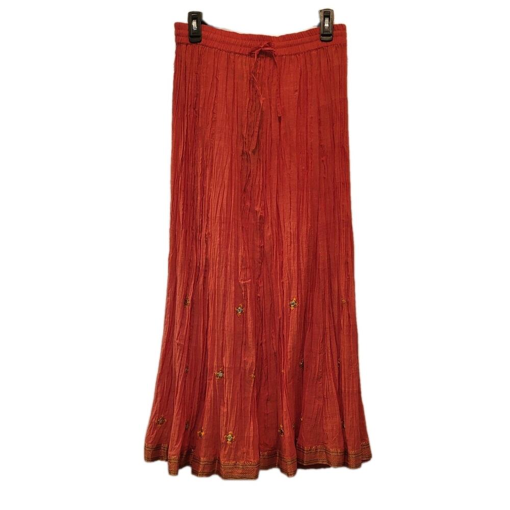 Sandy Starkman Coral Cotton Full Crinkle Maxi Skirt Boho Embellished Size Small